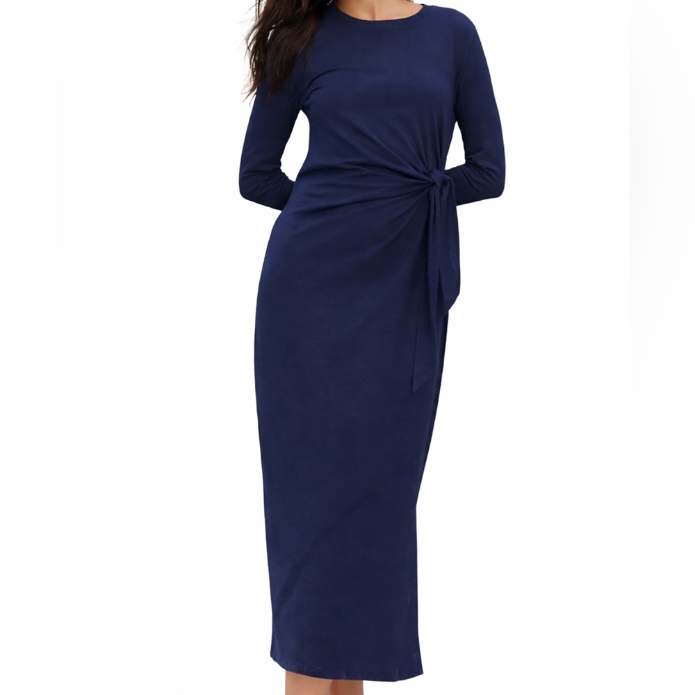 Anthropologie Long Sleeve Side Tie Faux Wrap long cotton Dress, Navy size XS